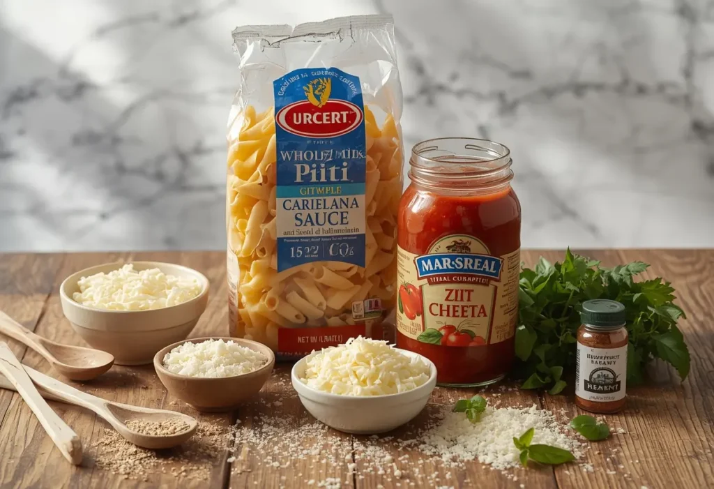Baked ziti recipe without meat, featuring ground tomatoes, mozzarella cheese, and fresh basil, baked in a golden-brown oven.