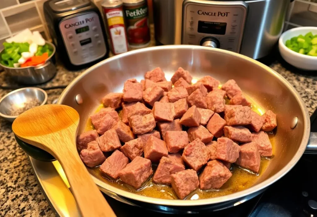 deer meat chili in crock pot with step images